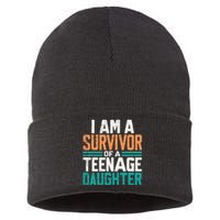 Teenage Daughter Survivor Funny Quote Fathers Day Vintage Sustainable Knit Beanie