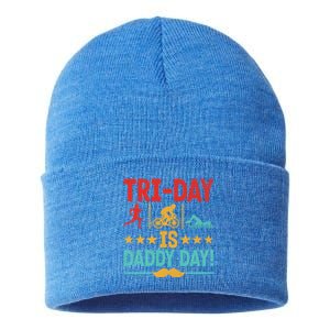 Triathlon Dad Swim Bike Run Triathlete Funny Iron Father Great Gift Sustainable Knit Beanie