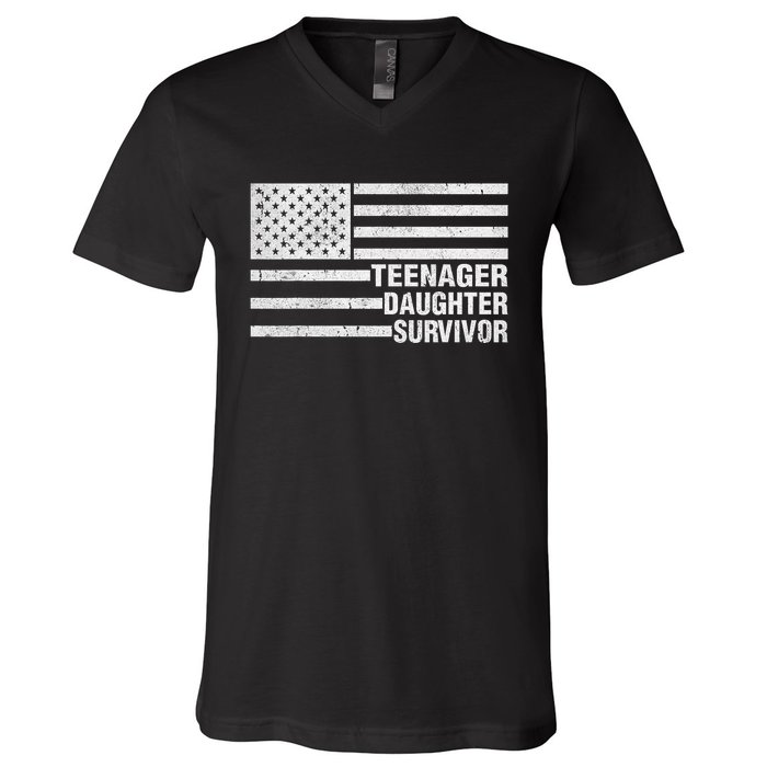 Teenage Daughter Survivor Funny Usa Flag Patriotic V-Neck T-Shirt