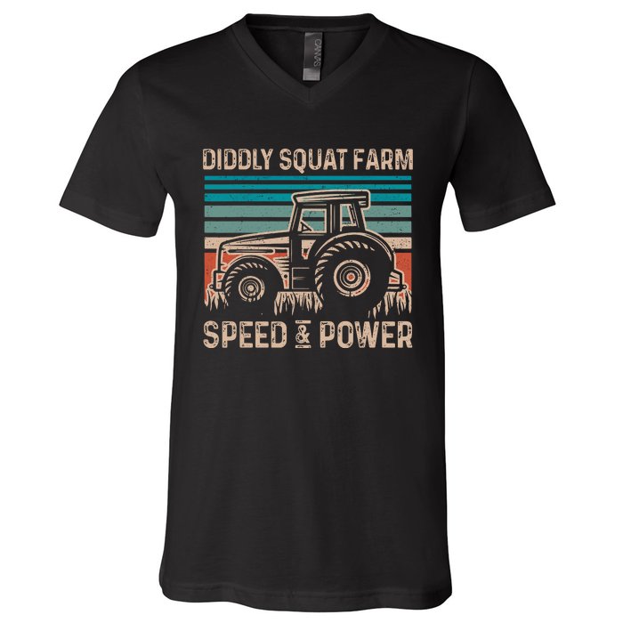 Tractor Diddly Squat Farm Speed And Power Fathers Day Tractor Dad V-Neck T-Shirt