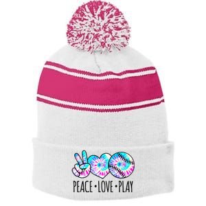 Tie Dye Softball For Teen Girls Peace Love Play Softball Gift Stripe Pom Pom Beanie