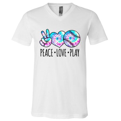 Tie Dye Softball For Teen Girls Peace Love Play Softball Gift V-Neck T-Shirt