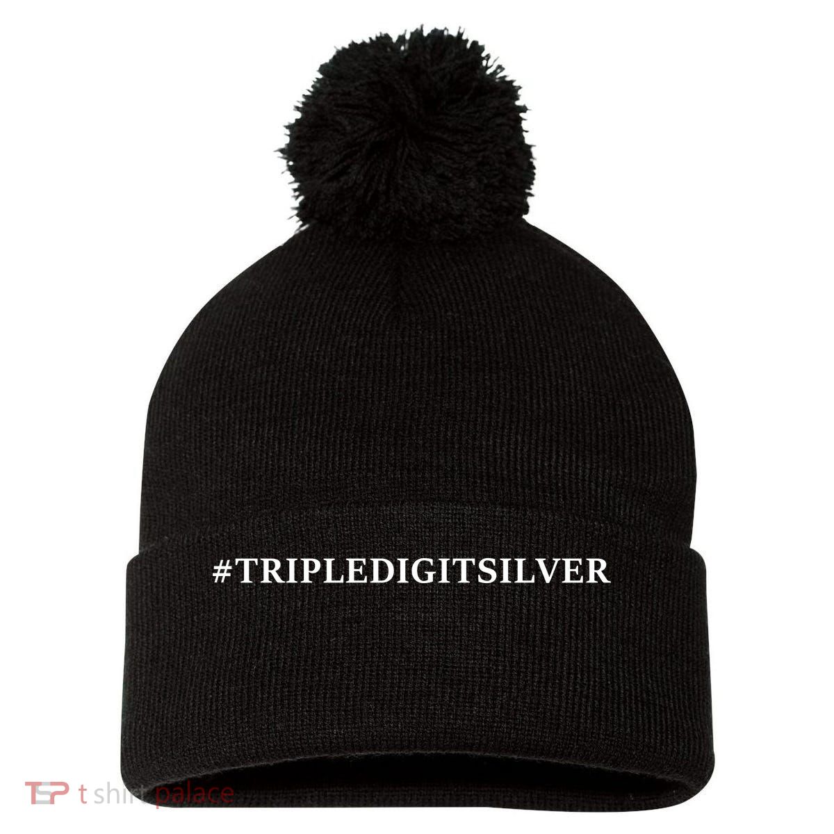 Triple Digit Silver Tees, #Tripledigitsilver Pom Pom 12in Knit Beanie