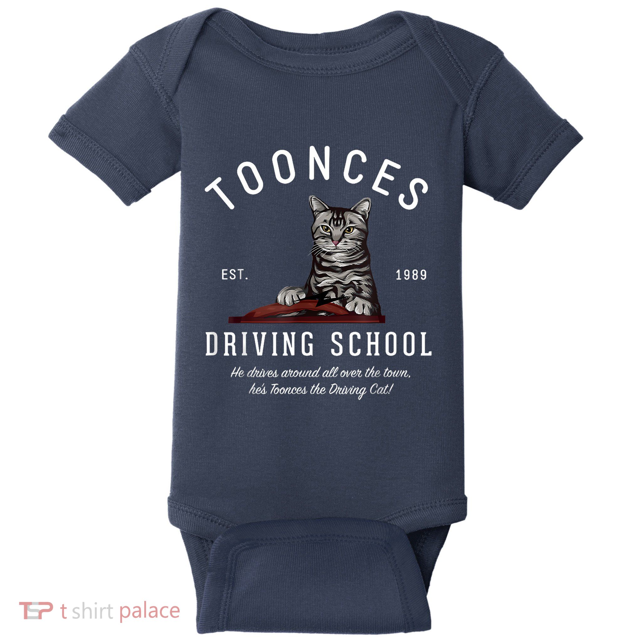 Toonces Driving School Est. 1989 The Driving Cat Baby Bodysuit