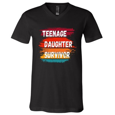 Teenage Daughter Survivor Retro Vintage Sunset Paint Brush V-Neck T-Shirt