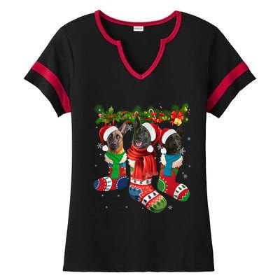 Three Dutch Shepherds In Christmas Socks Ladies Halftime Notch Neck Tee