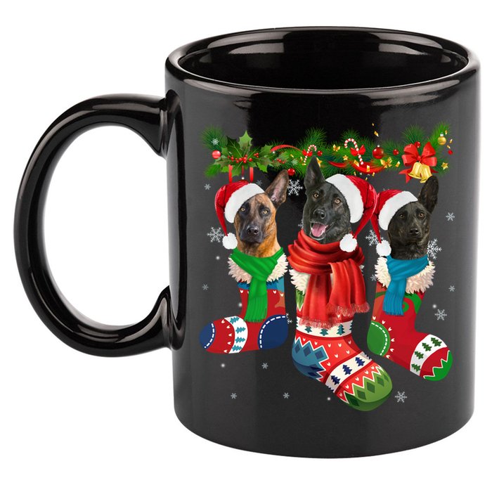 Three Dutch Shepherds In Christmas Socks 11oz C Handle Ceramic Mug