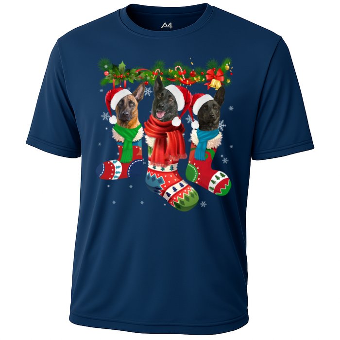 Three Dutch Shepherds In Christmas Socks Cooling Performance Crew T-Shirt