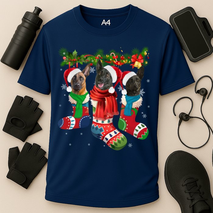 Three Dutch Shepherds In Christmas Socks Cooling Performance Crew T-Shirt