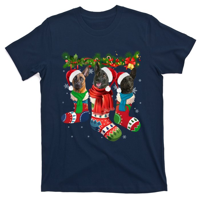 Three Dutch Shepherds In Christmas Socks T-Shirt