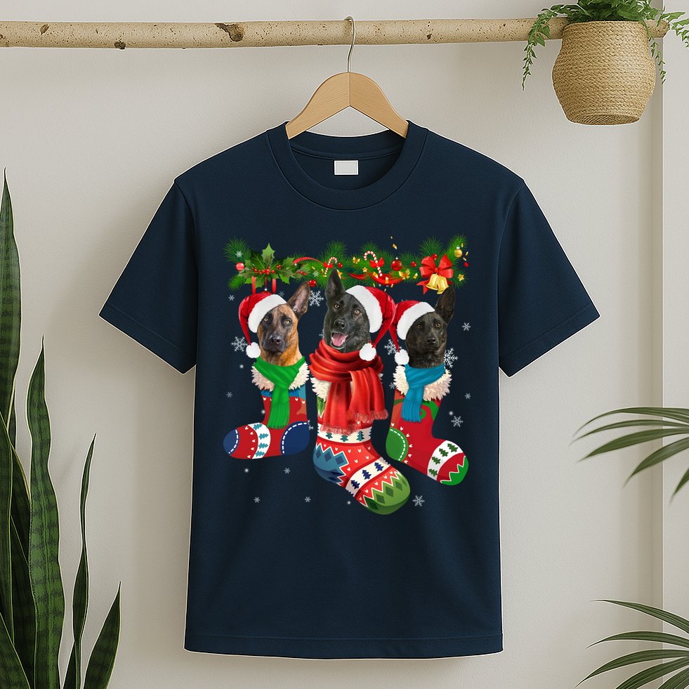Three Dutch Shepherds In Christmas Socks T-Shirt