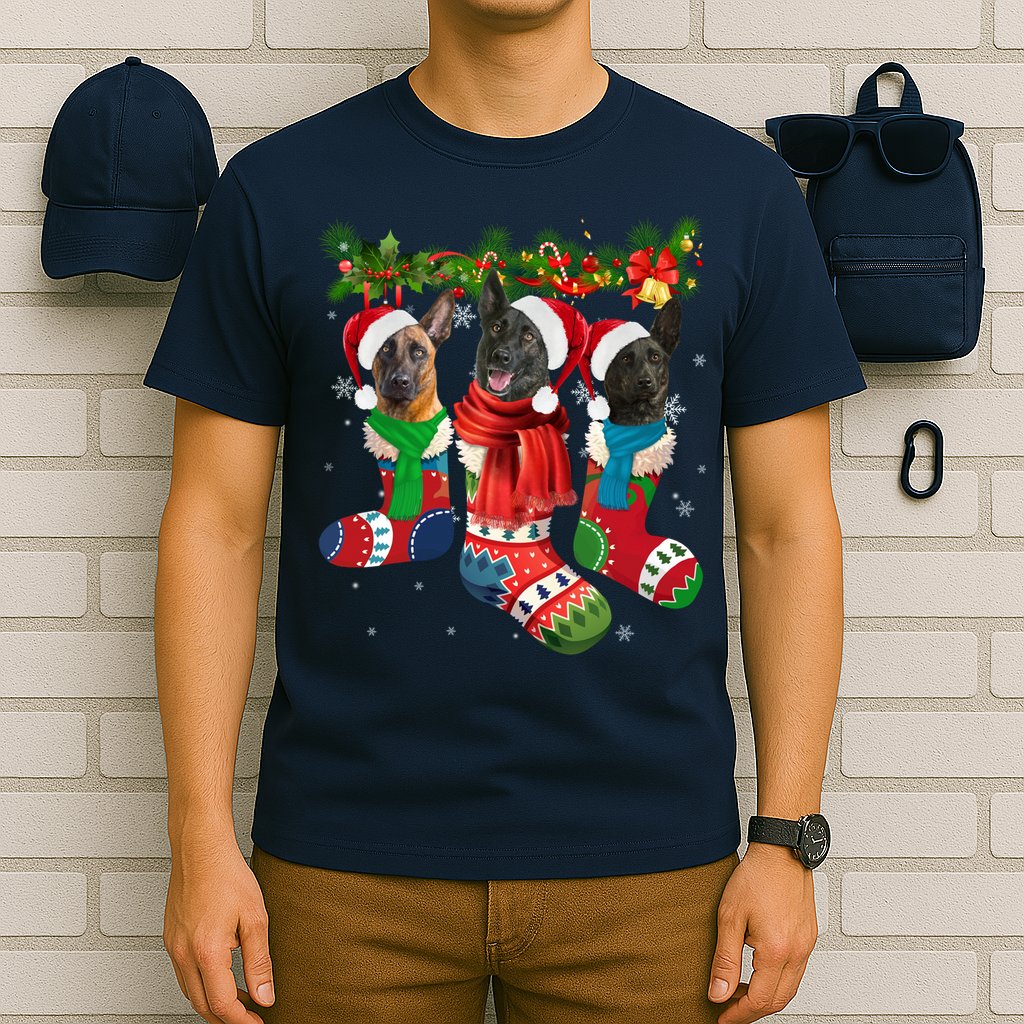 Three Dutch Shepherds In Christmas Socks T-Shirt