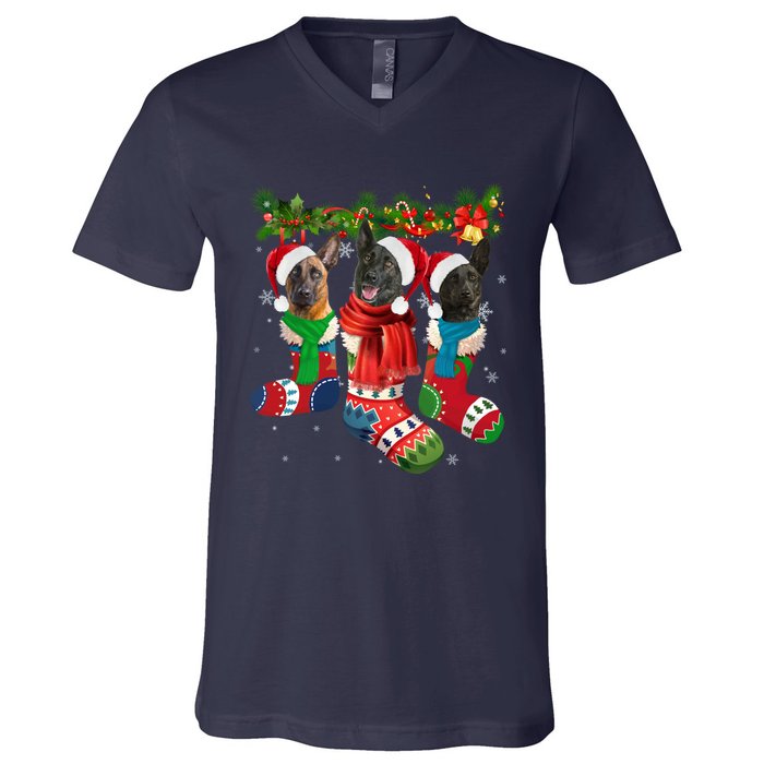 Three Dutch Shepherds In Christmas Socks V-Neck T-Shirt