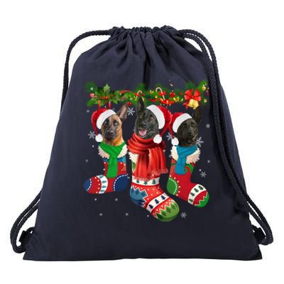 Three Dutch Shepherds In Christmas Socks Drawstring Bag