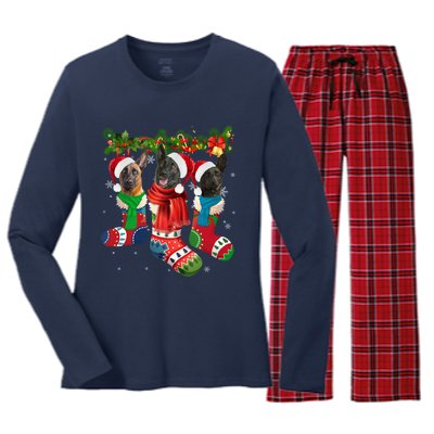 Three Dutch Shepherds In Christmas Socks Women's Long Sleeve Flannel Pajama Set 