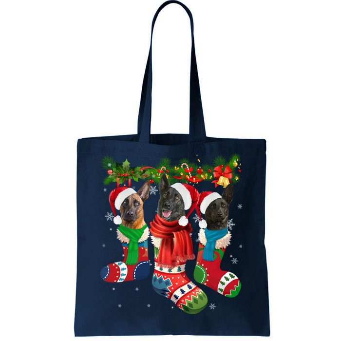 Three Dutch Shepherds In Christmas Socks Tote Bag