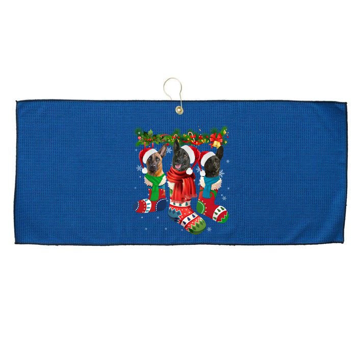 Three Dutch Shepherds In Christmas Socks Large Microfiber Waffle Golf Towel