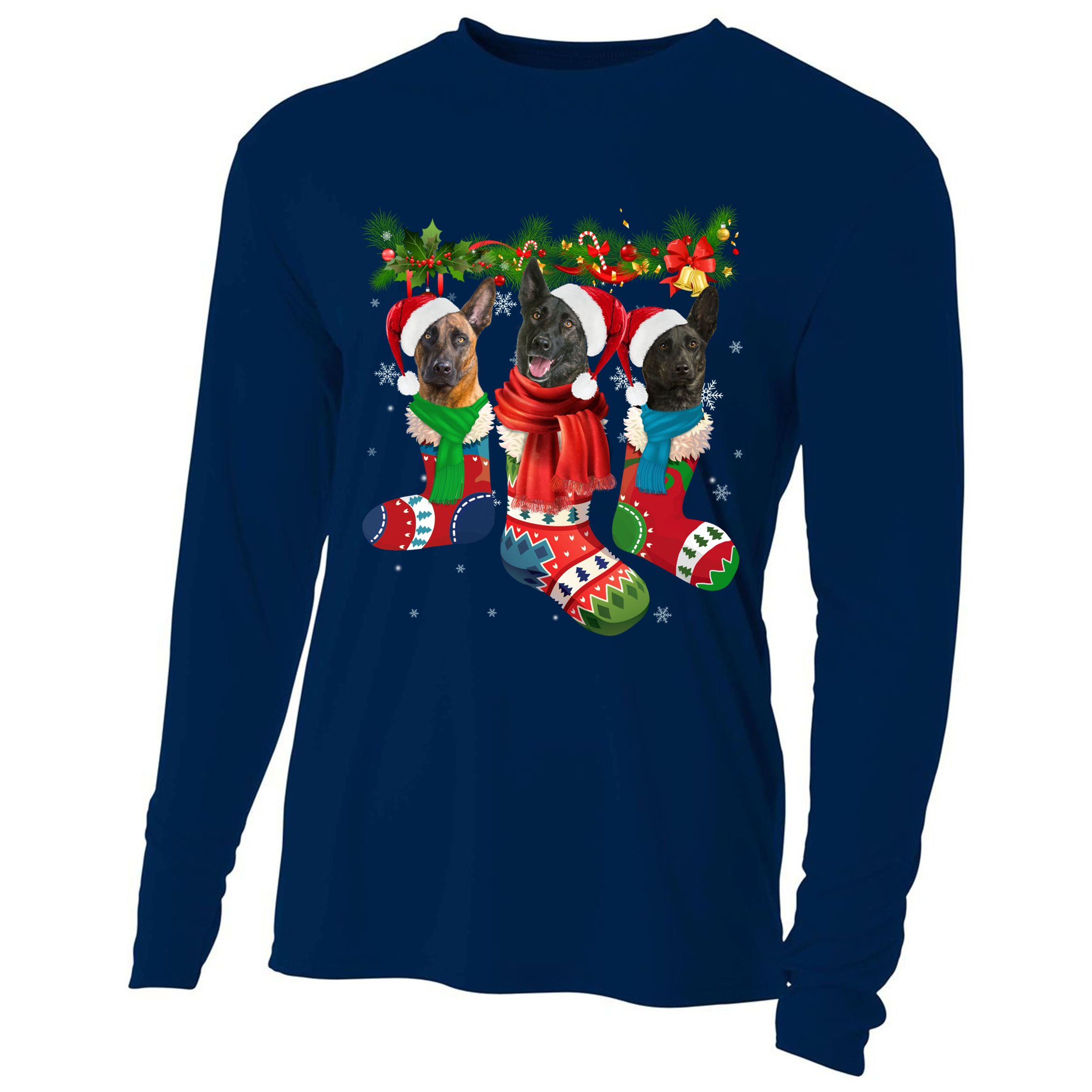Three Dutch Shepherds In Christmas Socks Cooling Performance Long Sleeve Crew