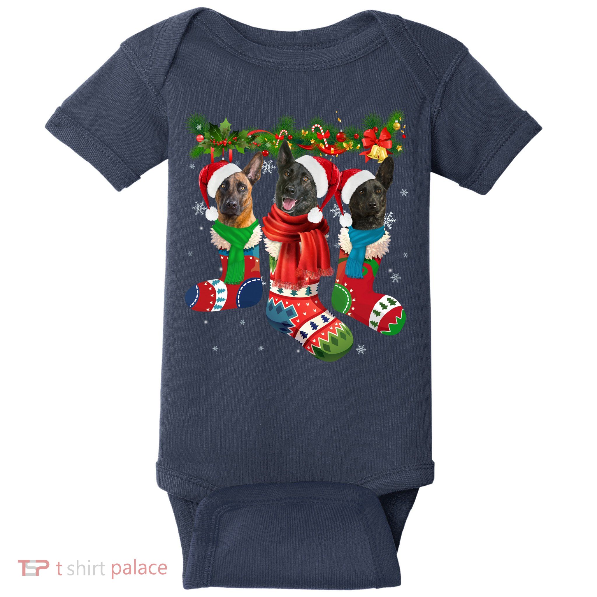 Three Dutch Shepherds In Christmas Socks Baby Bodysuit