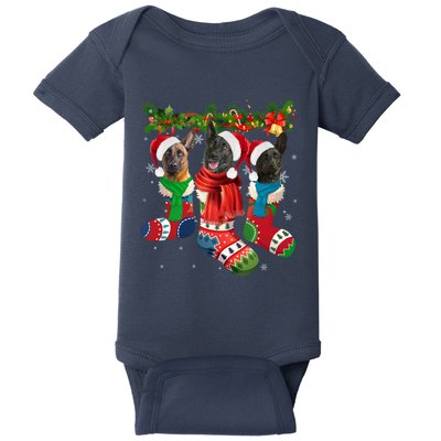 Three Dutch Shepherds In Christmas Socks Baby Bodysuit