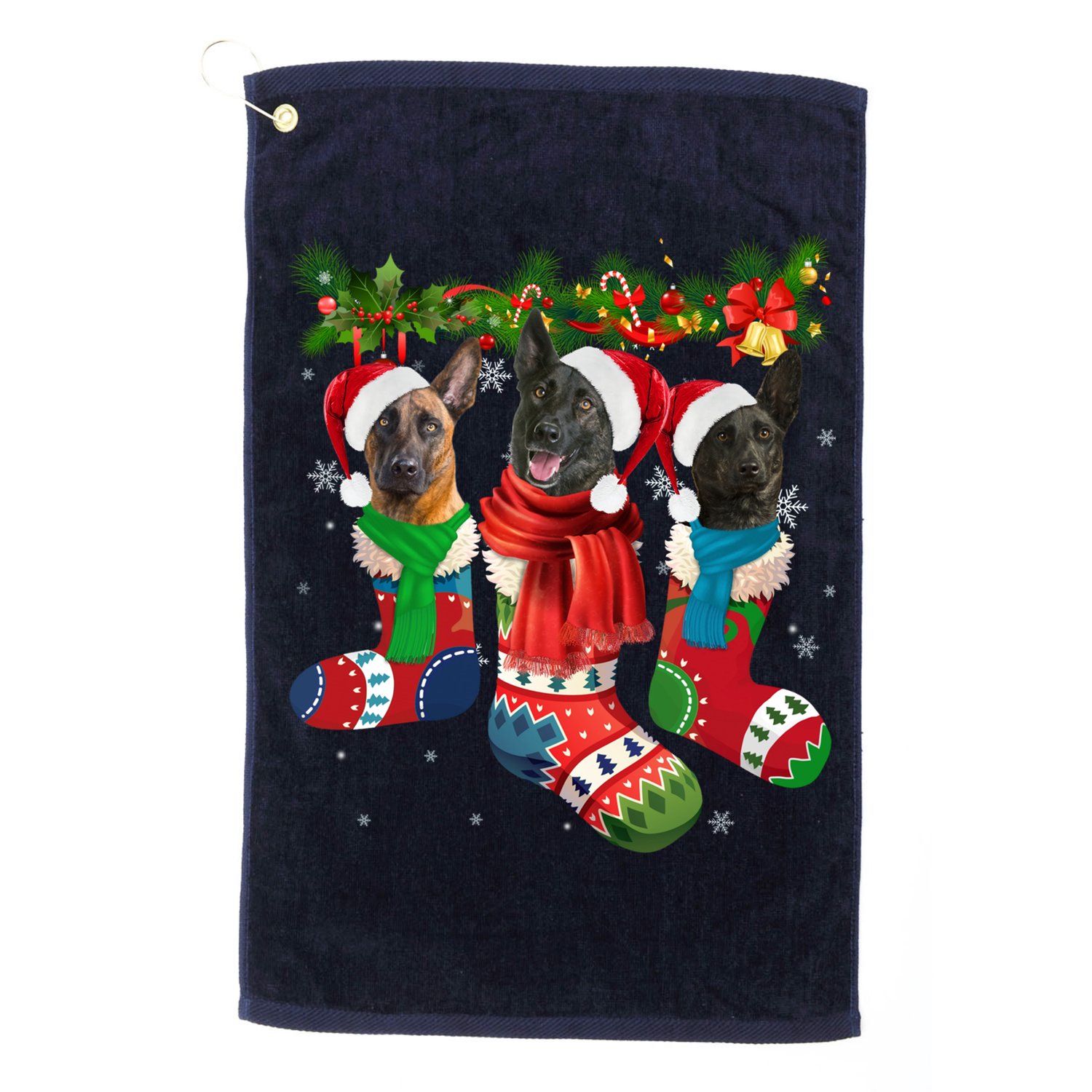 Three Dutch Shepherds In Christmas Socks Golf Towel