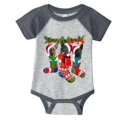 Three Dutch Shepherds In Christmas Socks Infant Baby Jersey Bodysuit