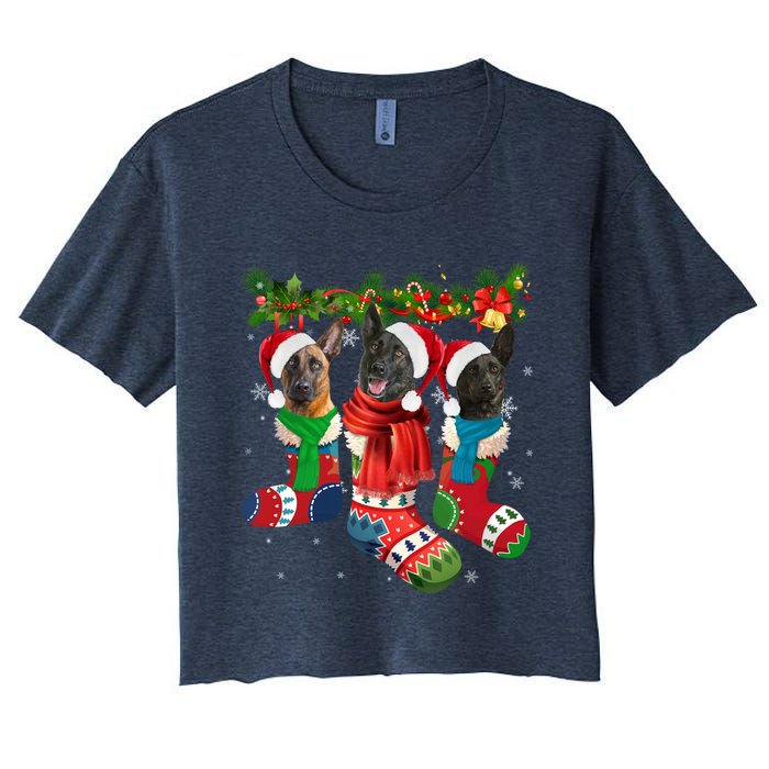 Three Dutch Shepherds In Christmas Socks Women's Crop Top Tee