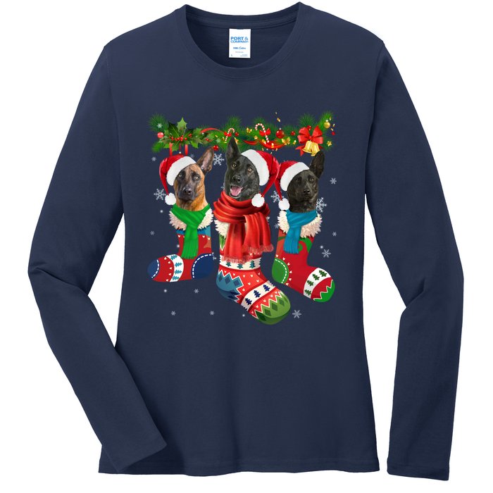 Three Dutch Shepherds In Christmas Socks Ladies Long Sleeve Shirt