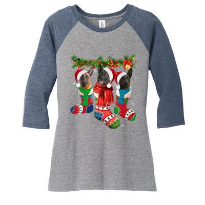 Three Dutch Shepherds In Christmas Socks Women's Tri-Blend 3/4-Sleeve Raglan Shirt