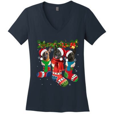 Three Dutch Shepherds In Christmas Socks Women's V-Neck T-Shirt