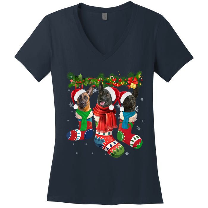 Three Dutch Shepherds In Christmas Socks Women's V-Neck T-Shirt