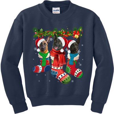 Three Dutch Shepherds In Christmas Socks Kids Sweatshirt