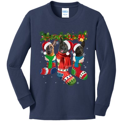 Three Dutch Shepherds In Christmas Socks Kids Long Sleeve Shirt