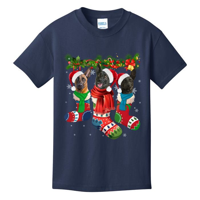 Three Dutch Shepherds In Christmas Socks Kids T-Shirt