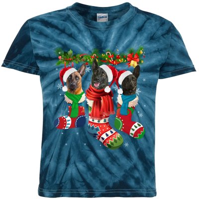 Three Dutch Shepherds In Christmas Socks Kids Tie-Dye T-Shirt