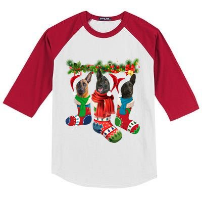 Three Dutch Shepherds In Christmas Socks Kids Colorblock Raglan Jersey