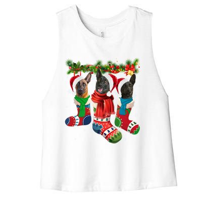 Three Dutch Shepherds In Christmas Socks Women's Racerback Cropped Tank