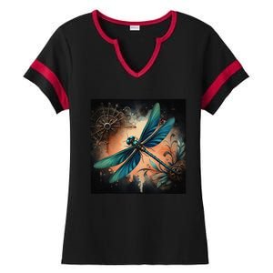 Teal Dragonfly Steampunk Ladies Halftime Notch Neck Tee