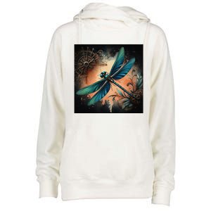 Teal Dragonfly Steampunk Womens Funnel Neck Pullover Hood