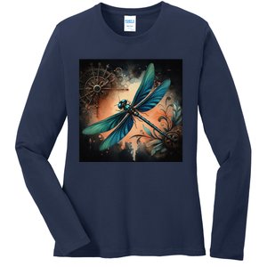 Teal Dragonfly Steampunk Ladies Long Sleeve Shirt