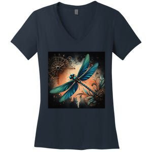 Teal Dragonfly Steampunk Women's V-Neck T-Shirt