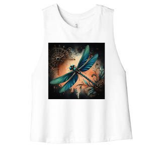 Teal Dragonfly Steampunk Women's Racerback Cropped Tank