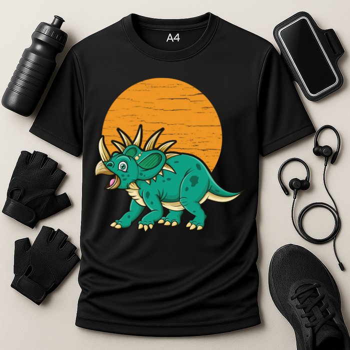 Triceratops Dinosaur Sunset Cooling Performance Crew T-Shirt