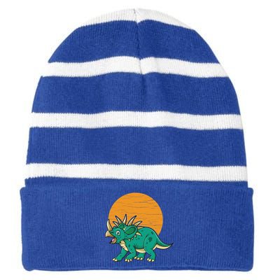 Triceratops Dinosaur Sunset Striped Beanie with Solid Band