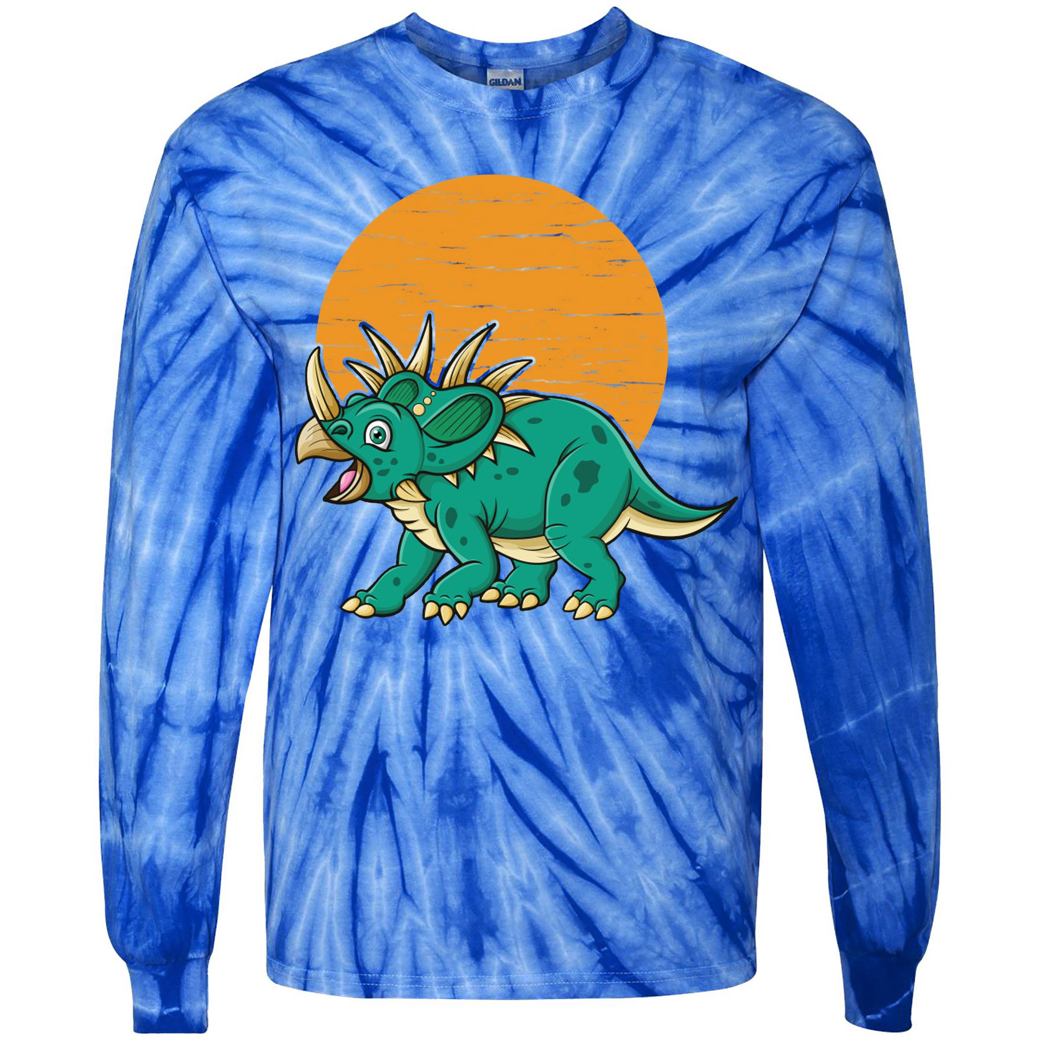 Triceratops Dinosaur Sunset Tie-Dye Long Sleeve Shirt