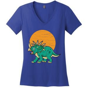 Triceratops Dinosaur Sunset Women's V-Neck T-Shirt