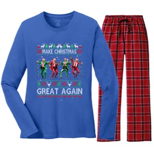 Trump Dance Santa Funny Gift Make Christmas Great Again Xmas 2024 Gift Women's Long Sleeve Flannel Pajama Set 