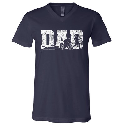 Triathlon Dad Swim Bike Run Fathers Day V-Neck T-Shirt