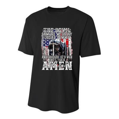 The Devil Saw Me With My Head Down Thought HeD Won On Back Youth Performance Sprint T-Shirt