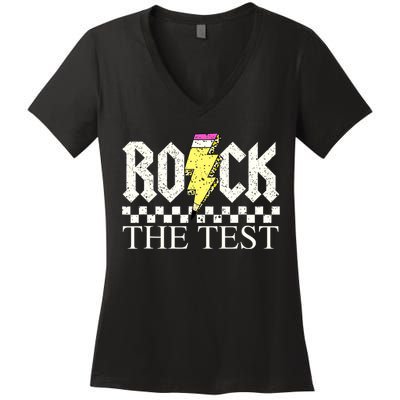 Testing Day Teacher Student Motivational Rock The Test  Women's V-Neck T-Shirt
